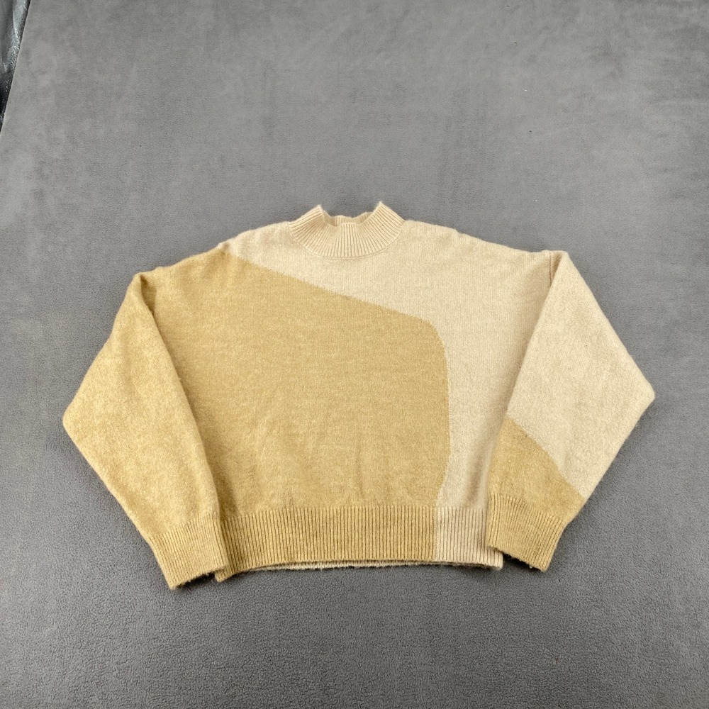 Forever 21 Womens Small Tan Beige Colorblock Mock Neck Wool Blend Crop Sweater